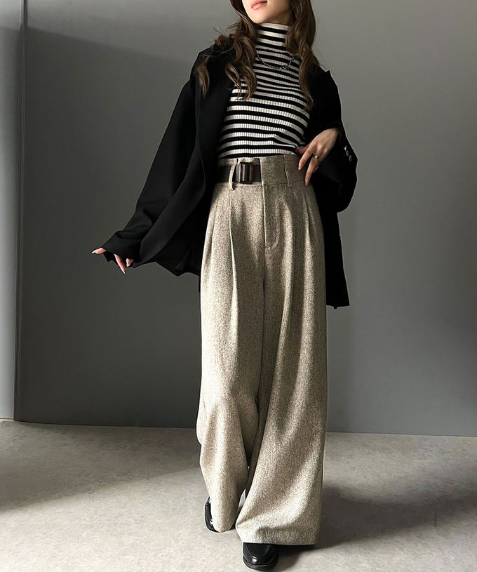 日本 Classical Elf - 腰帶造型粗花呢高腰美腿寬褲-淺杏