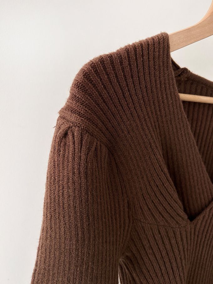 韓國女裝連線 - X交叉設計彈性坑條針織上衣-粉 (FREE)