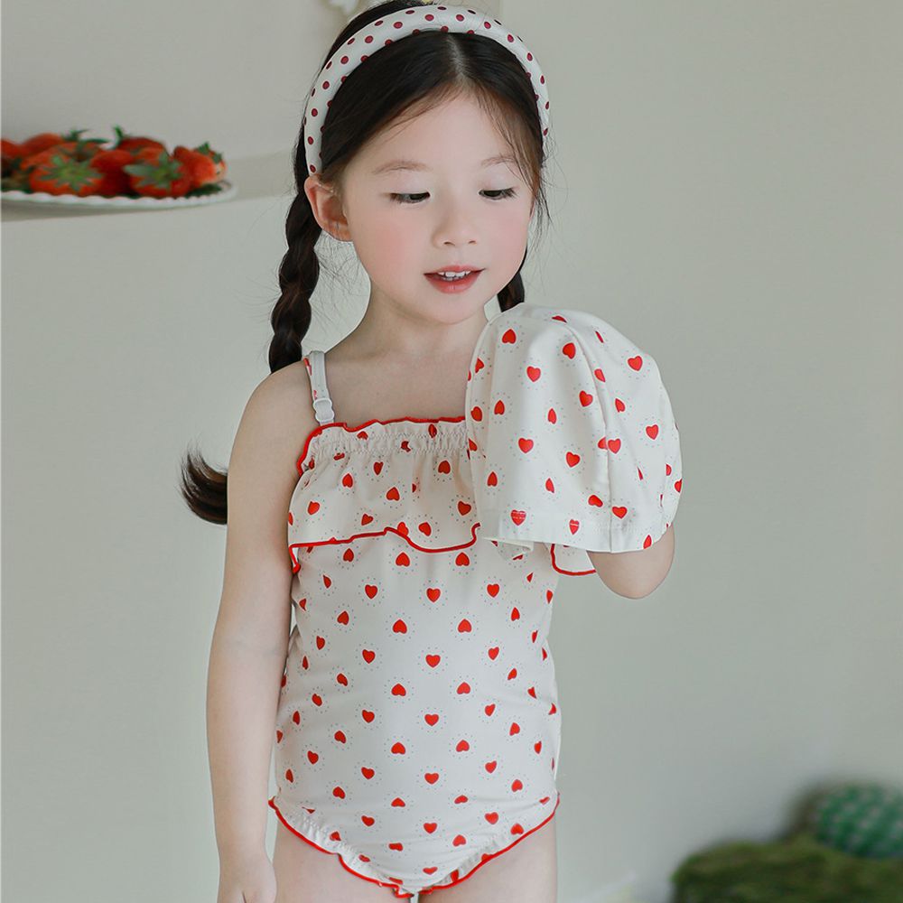 UPF50+細肩帶連身泳裝(附泳帽)-滿滿愛心