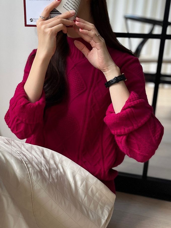 韓國女裝連線 - 立體紋路中領針織長袖上衣-燕麥米 (FREE)