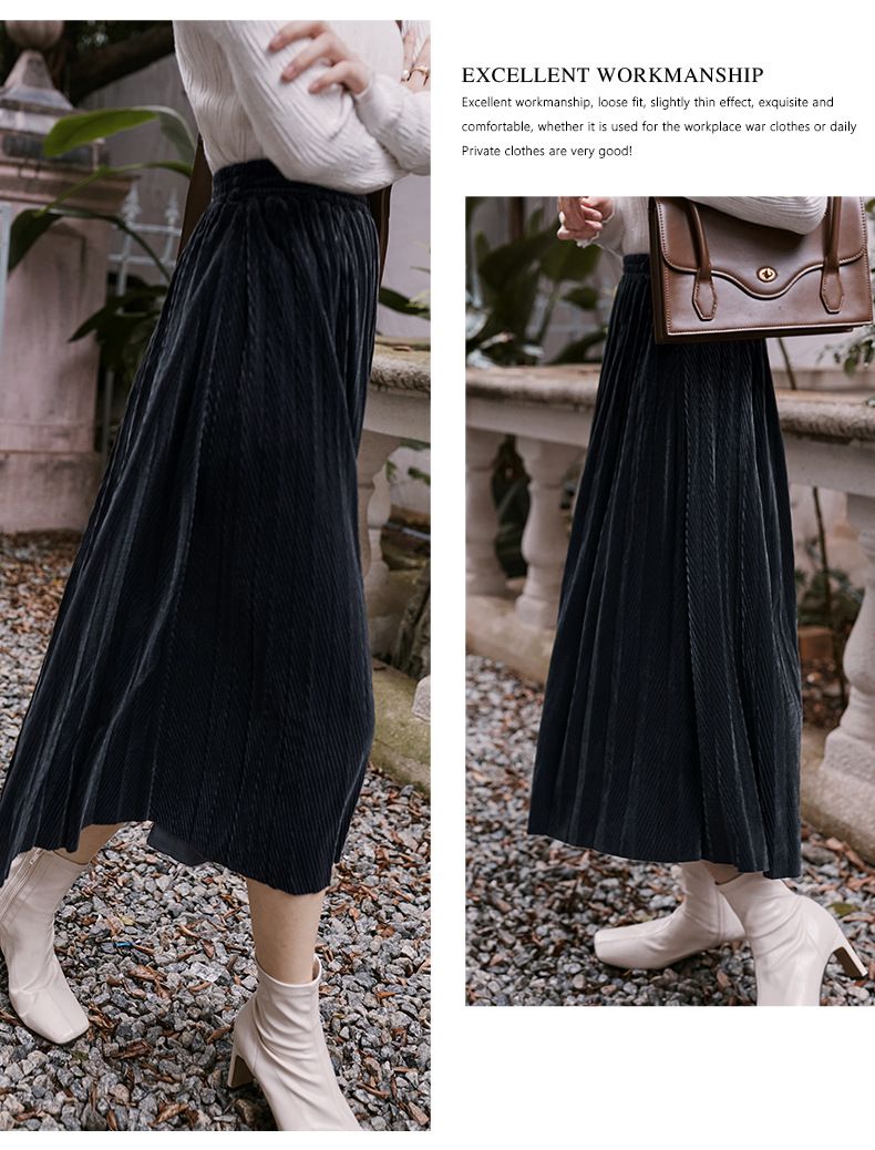 復古閃亮百褶半身裙-深藍色