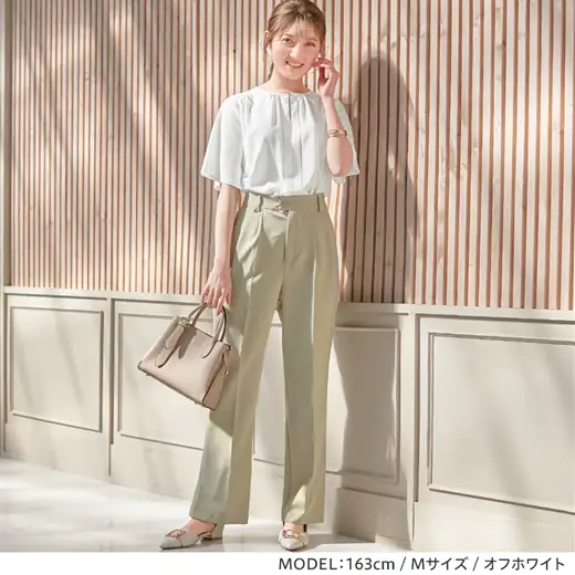 日本 BELLUNA - 前後2way打褶雪紡寬袖短袖上衣-深藍