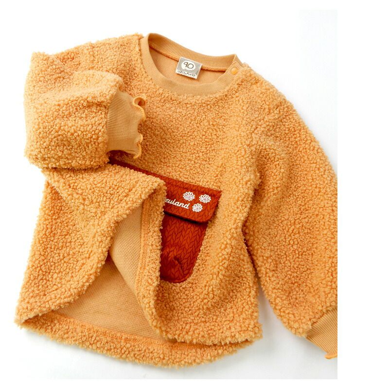 日本 ZOOLAND - 圓領泰迪熊刷毛長袖上衣-百寶袋-淺灰杏