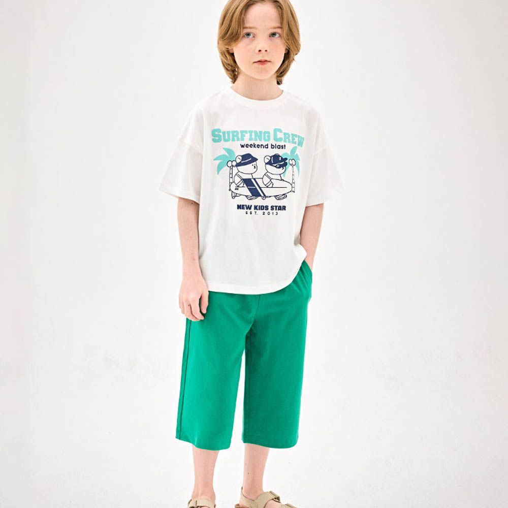 週末衝浪趣短袖上衣X七分褲套裝-白X綠