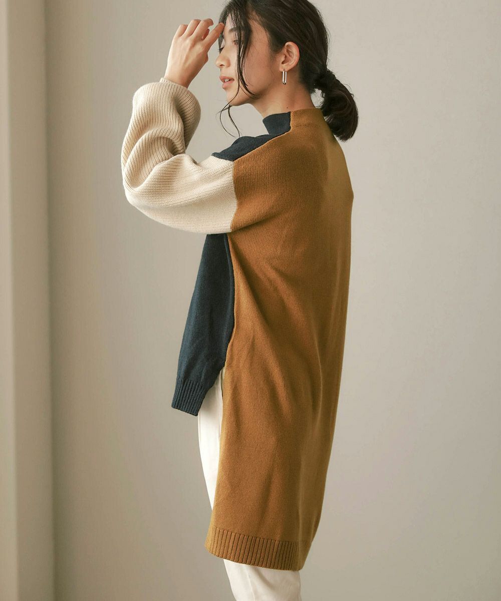 日本 Bou Jeloud - 撞色拼接前短後長立領針織毛衣-黑杏焦糖