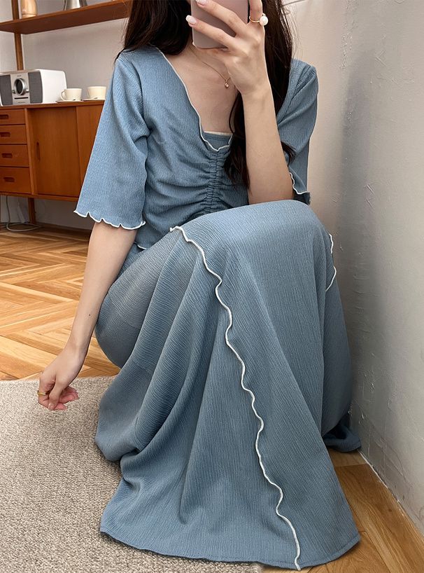 日本 GRL - 可愛木耳捲邊兩件式洋裝-黑 (F)