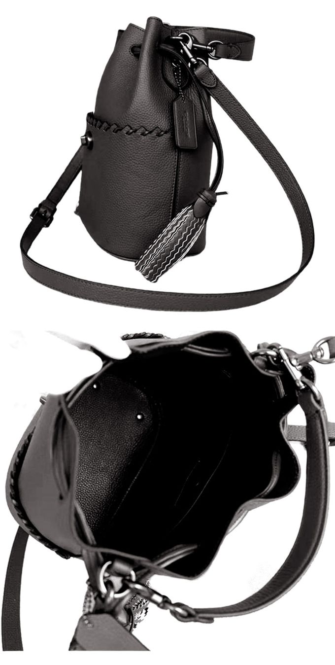 COACH - 流蘇素面皮革水桶包-黑