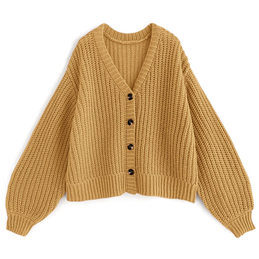 文青風粗針織V領開襟衫/外套-芥末黃 (F)