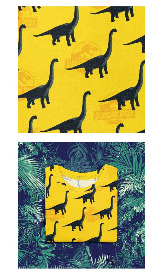 英國 SLEEP NO MORE - 100% 有機棉兒童圓領長袖上衣-儸紀公園/黃底雷龍