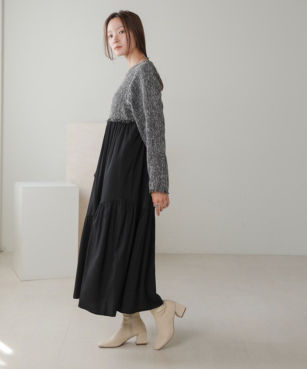 日本 Bab - 仙氣花呢異材質拼接長袖洋裝-黑