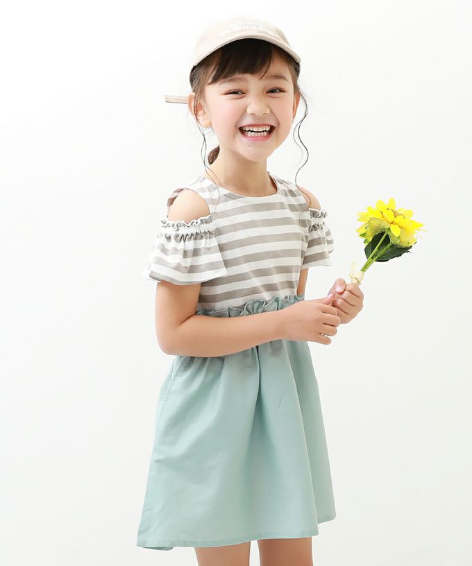 日本 devirock - 挖肩氣質荷葉短袖洋裝-圓點-藕粉x黑白