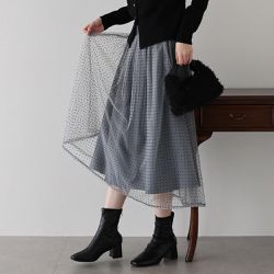 日本 BLUE EAST - 華麗雙層薄紗魅力長裙(可選長度)-水玉-灰