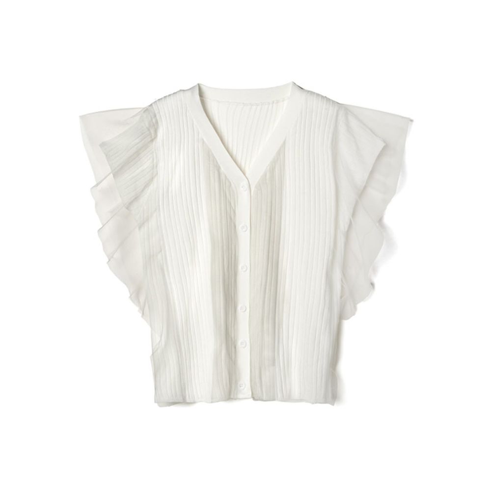 日本 GRL - 雙層薄紗設計V領排釦一分袖上衣-天使白