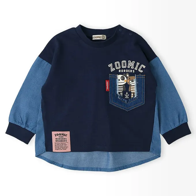 日本 ZOOLAND - 丹寧風小熊長袖上衣-帥氣刷破口袋-白