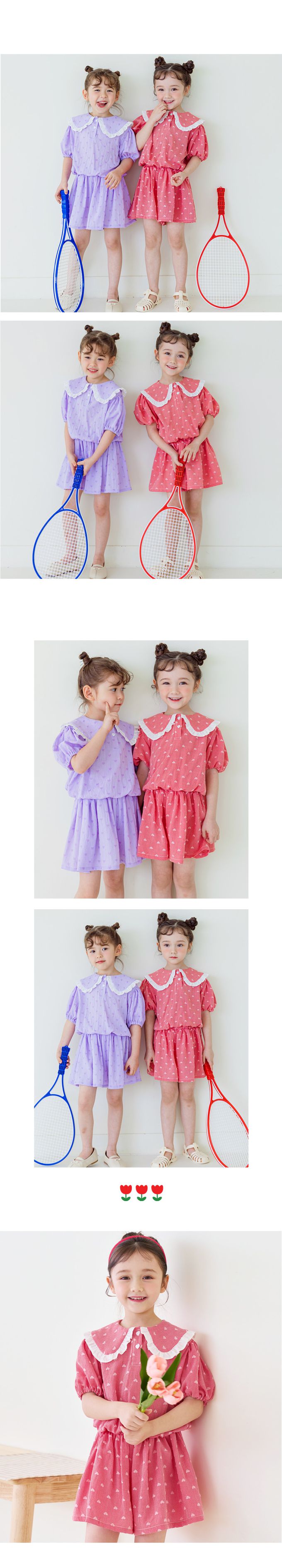 韓國 Bebezoo - 愛心細格荷葉翻領短袖套裝-紫