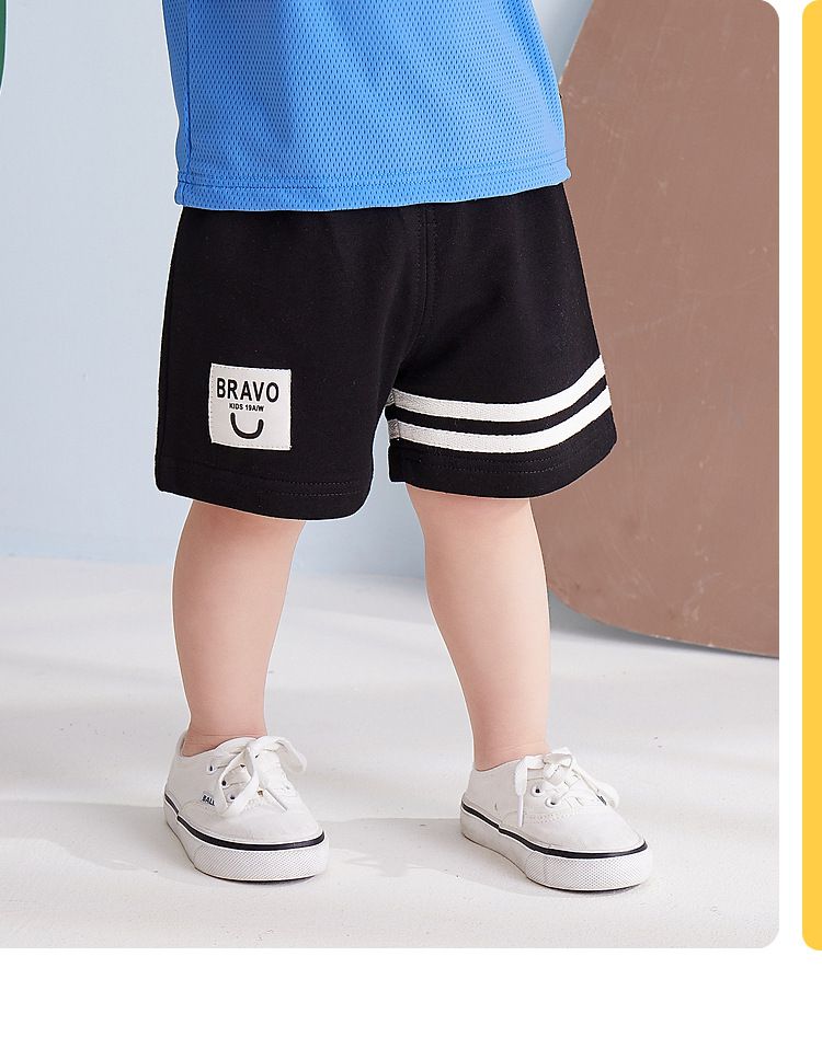 純棉腰鬆緊短褲-條紋款-黑