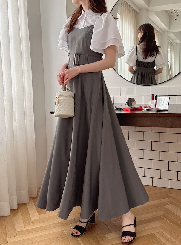 日本 GRL - 優雅修身寬腰帶吊帶裙/洋裝-淺米杏