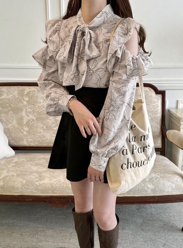 日本 GRL - 淡色女子碎花扭結上衣-咖啡 (F)