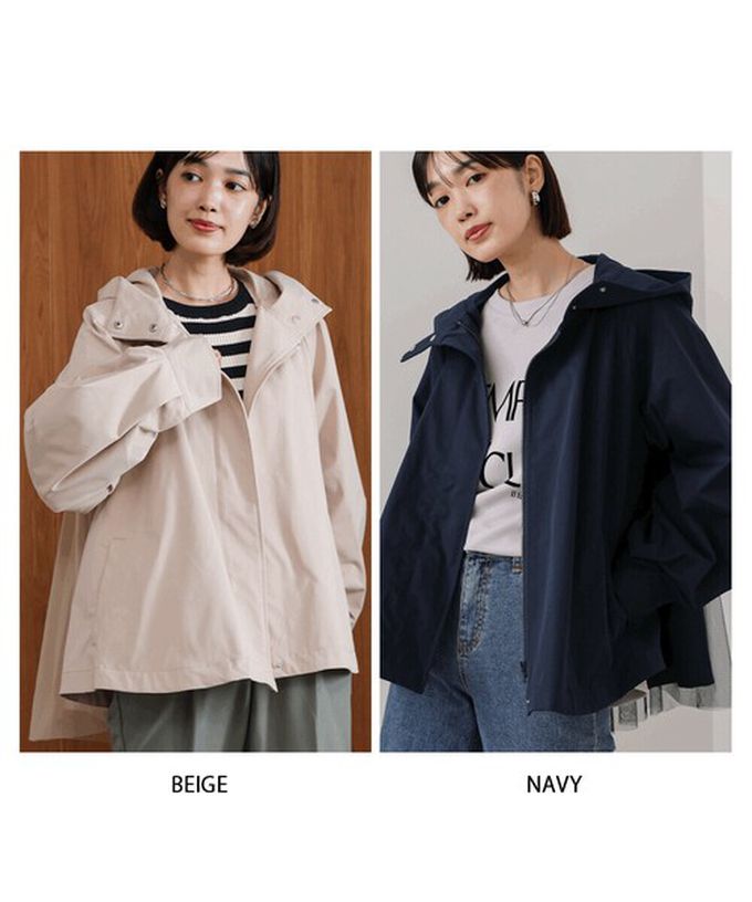 日本 Bab - [人氣款]背後皺摺薄紗連帽風衣外套-海軍藍