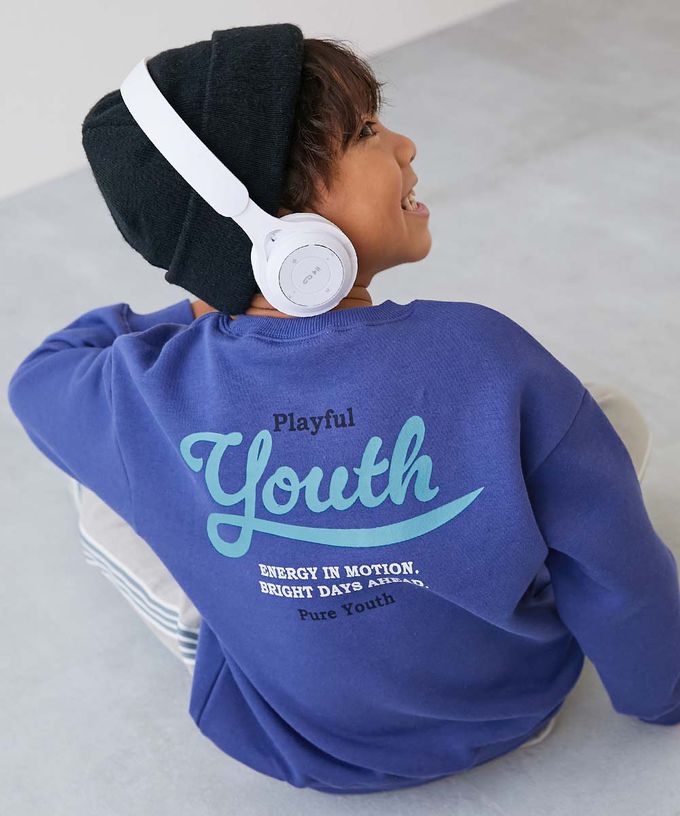 日本 devirock - 熱銷定番 裏起毛落肩大學長袖上衣-Youth-寶藍