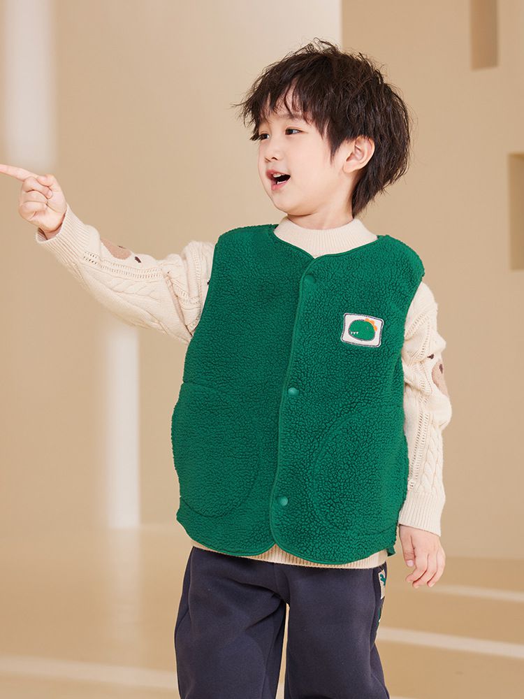搖粒絨保暖兒童背心-恐龍-綠色