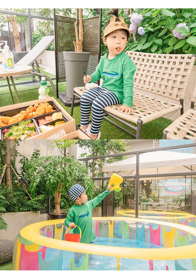 韓國 OZKIZ - 抗UV防曬兒童泳裝-三件組-綠色鱷魚