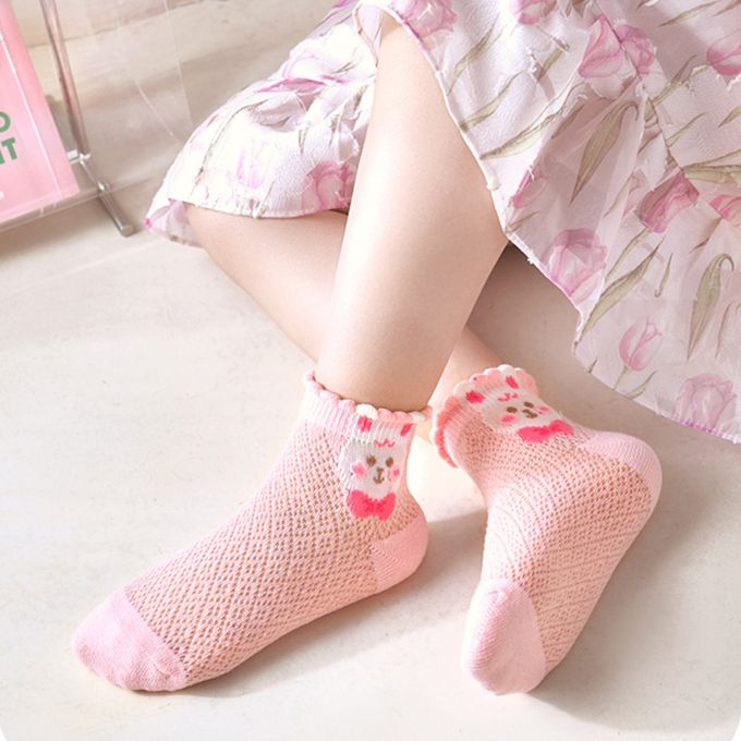 love, charlotte - 粉紅花朵兔兔網眼短筒棉襪 (XL (腳長19-21cm))-5 雙一組