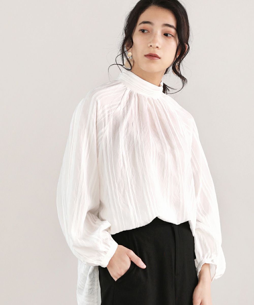 日本 Bou Jeloud - 小高領抓皺寬鬆前後2way長袖上衣-藍