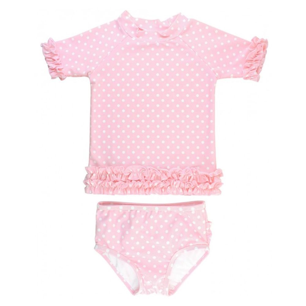 美國 RuffleButts - 小女童UPF 50+防曬兩件式短袖泳裝-粉色圓點