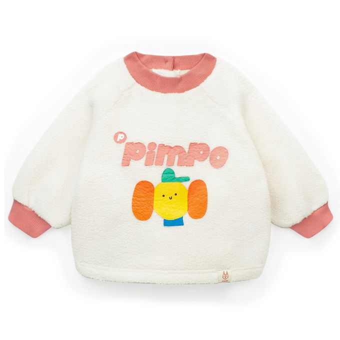 韓國Pimpollo - 圓臉插圖背釦保暖上衣-象牙色