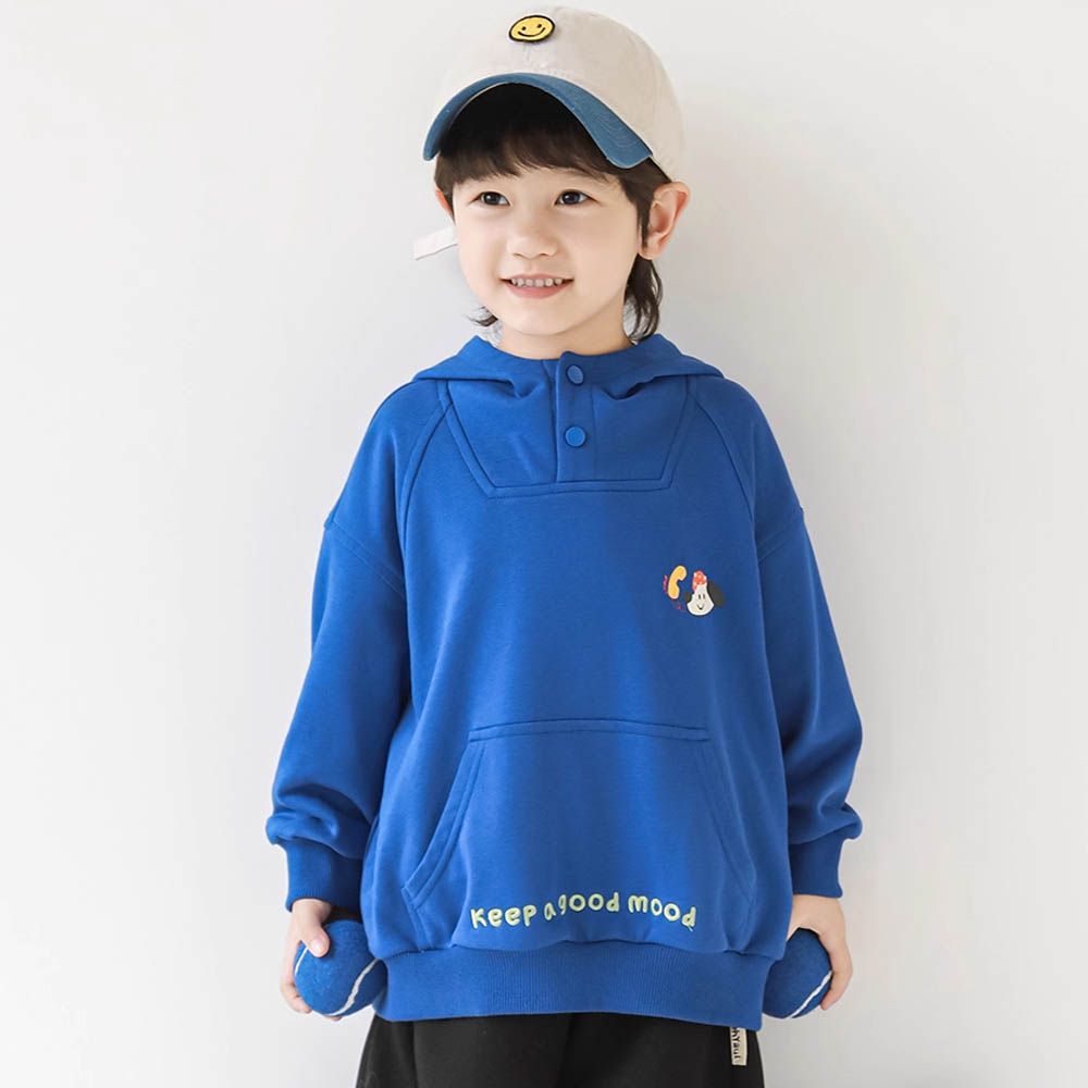 領口開扣連帽長袖上衣-動物印花-藍色