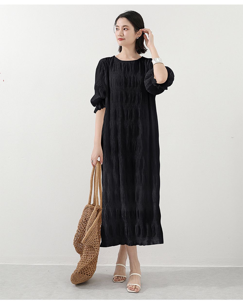 氣質滿分壓摺雪紡泡泡袖長洋裝-黑色 (F)