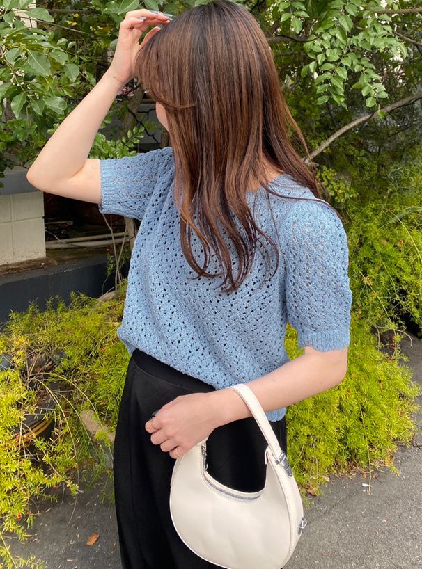 日本 GRL - 清新短版鉤針短袖上衣-冰河藍 (F)