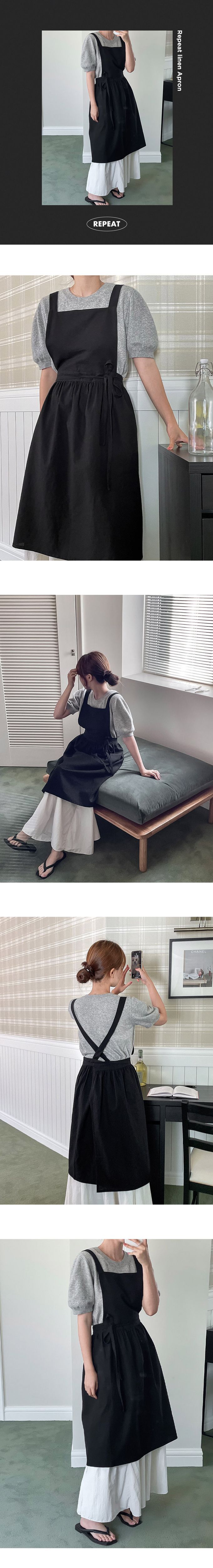 韓國 Repeat - 韓製棉麻口袋長版背心圍裙-黑