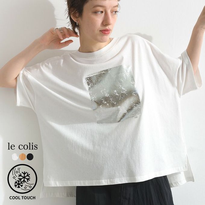 日本 le colis - 接觸冷感 金銀箔方塊印花T恤-黑