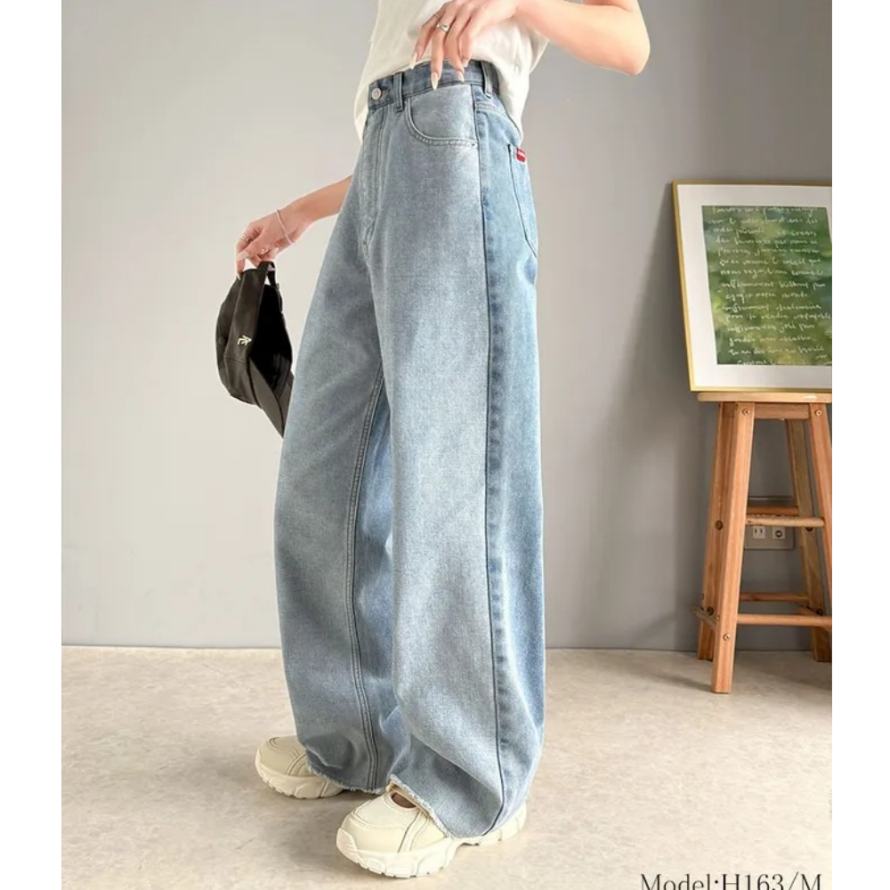 Java 個性深淺配色寬版丹寧褲-藍系