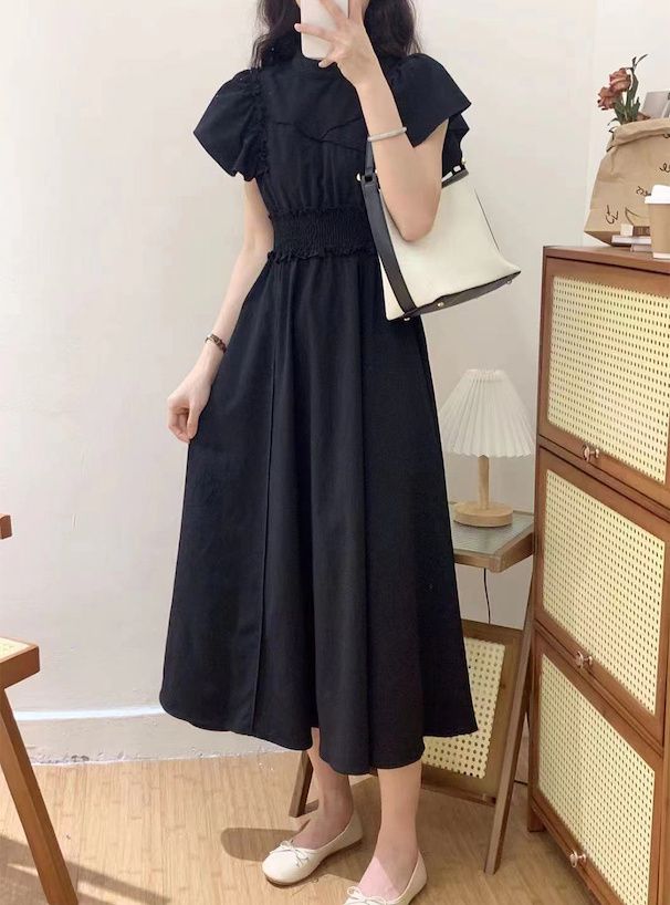 日本 GRL - 捲捲邊浪漫荷葉短袖洋裝-經典黑 (F)