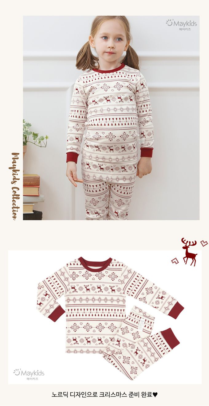 韓國 Maykids - 無螢光20支棉長袖家居服-酒紅聖誕節
