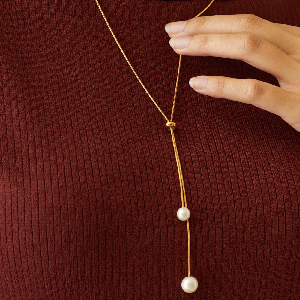 18k金Y字型優雅珍珠長項鏈-金