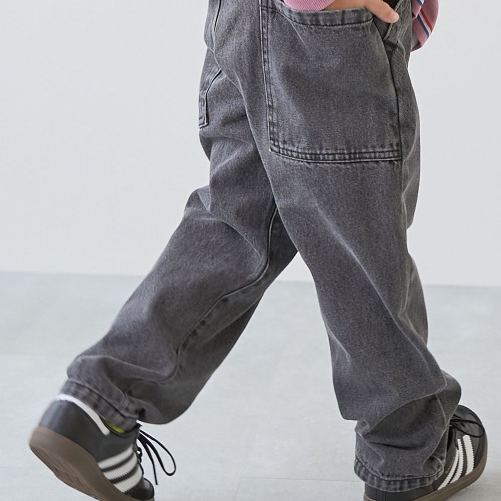 復古刷色厚磅大口袋錐形丹寧褲-黑灰