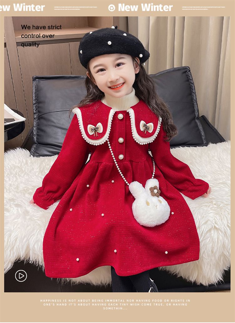 加絨不規則翻領氣質長袖連身洋裝-蝴蝶結-紅色