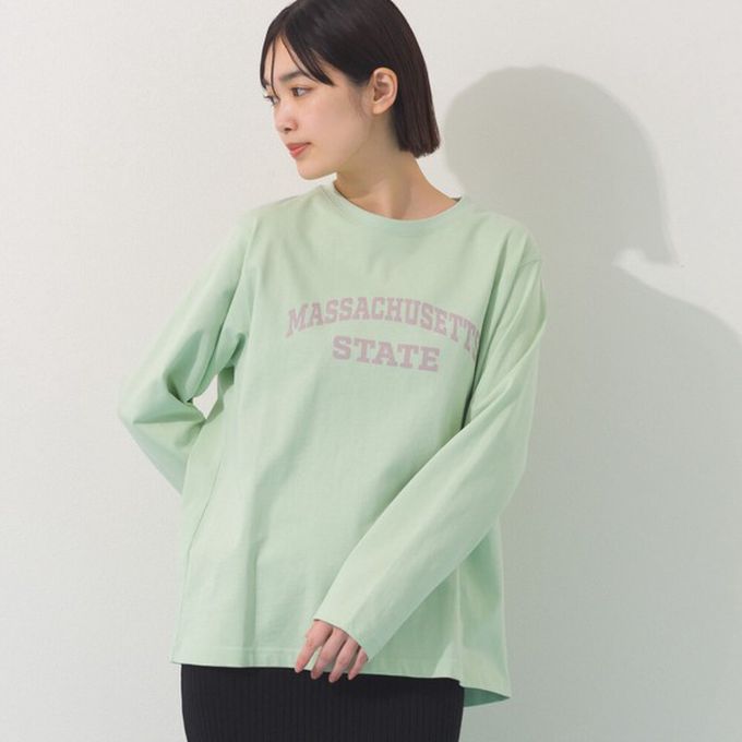 日本 OMNES - 100%棉 簡約英文標語長袖上衣-卡其米