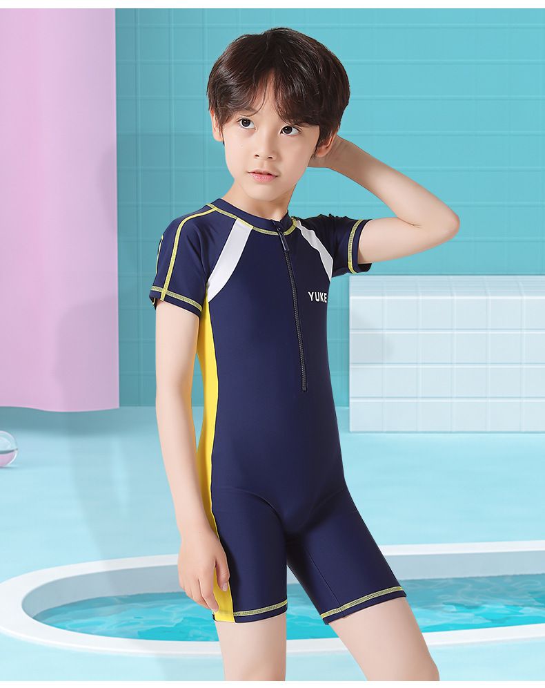 運動風女寶短袖連身泳裝-獨角獸-深藍色