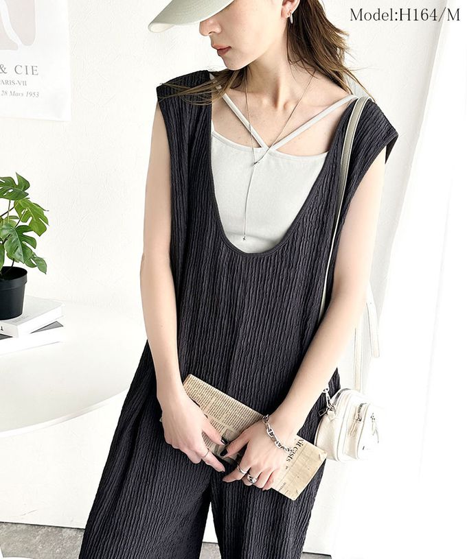 日本 Classical Elf - 前後2way領魅力緹花柔軟連身褲-淺灰杏