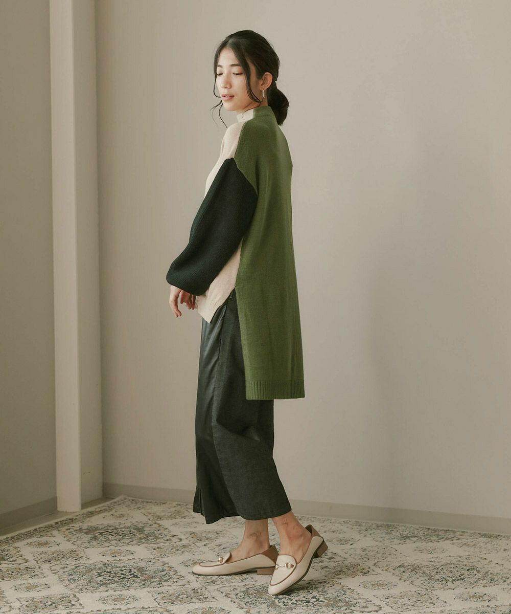 日本 Bou Jeloud - 撞色拼接前短後長立領針織毛衣-黑杏焦糖