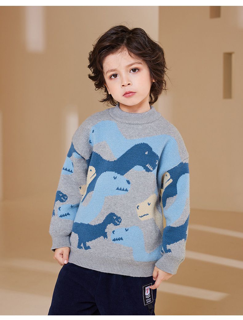 圓領保暖針織長袖上衣/毛衣-恐龍迷彩-綠色