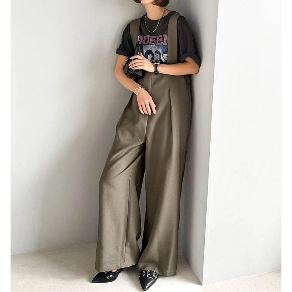 優雅俐落工裝風高腰連身褲-摩卡