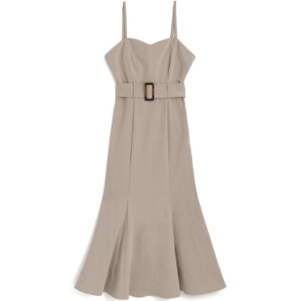 桃心領收腰魚尾吊帶裙(附腰帶)-卡其