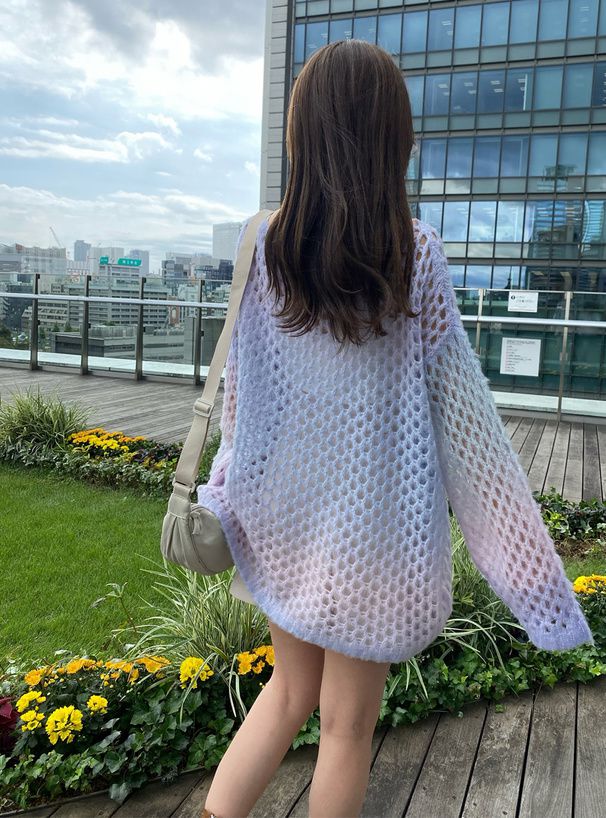 日本 GRL - 渲染漸層長版鉤針毛衣-水藍 (F)