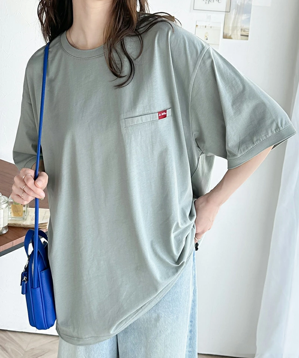 純棉光澤感率性紅標抽繩T恤-藍綠